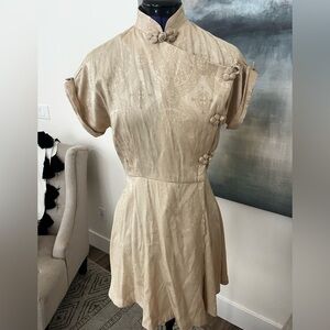 Vintage Guess American Tradition Gold Brocade Mini Dress Size 3 90s XS Jacquard